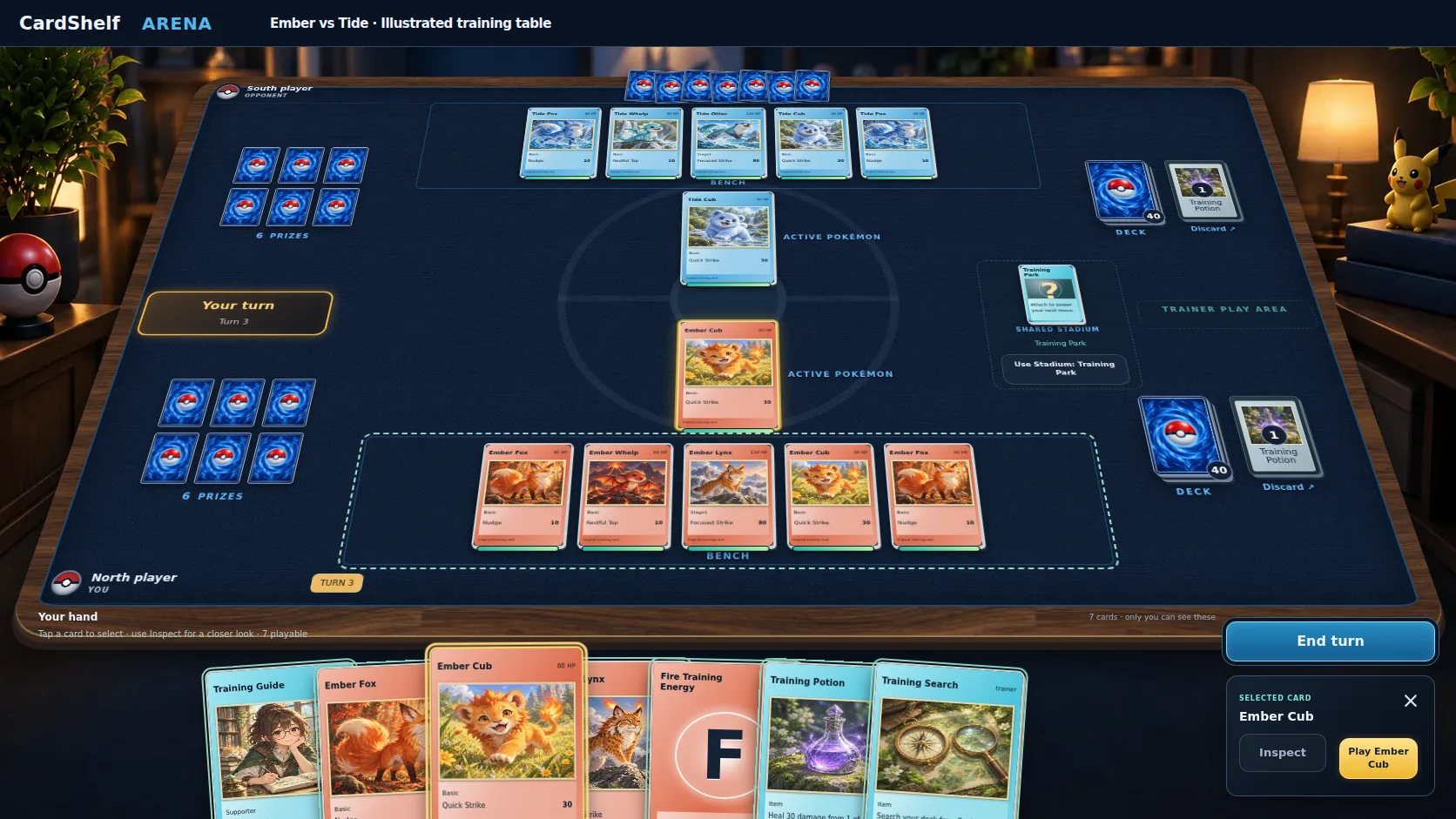 CardShelf Arena with a walnut table, blue fabric playmat, opponent cards, Prize piles and a selected Ember Cub in the foreground hand.
